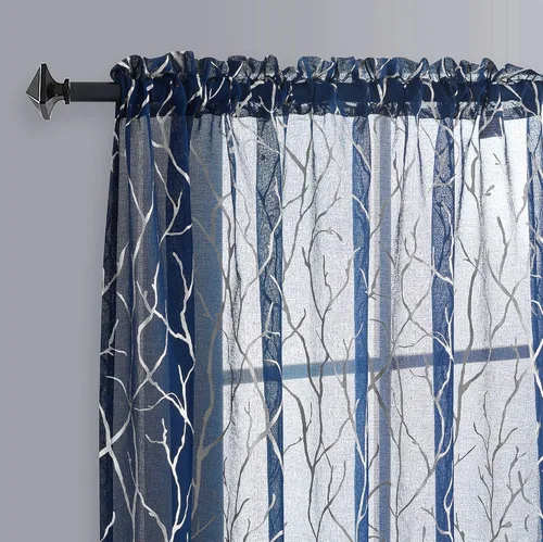 Miniatura 13 de FINECITY - Cortinas de plata traslúcidas de 45 pulgadas de largo - Cortinas impresas de ramas de árbol plateadas metálicas para ventana de cocina