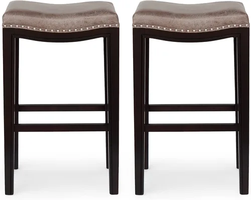 Taburete de bar contemporáneo tapizado de 30 pulgadas sin respaldo con ribete de cabeza de clavo (juego de 2), gris y marrón capuchino