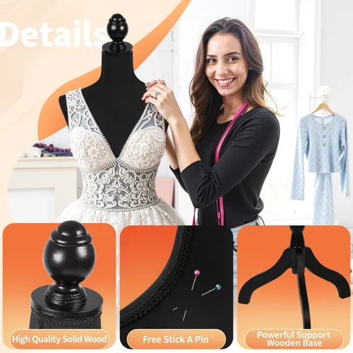 Miniatura 4 de FDW Maniquí 60"-67" de altura ajustable, modelo de vestido femenino, soporte de trípode para exhibición de torso y cuerpo, formas de ropa (negro)