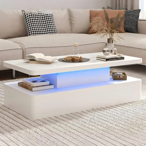 Miniatura 11 de Mesas modernas de sala de estar, mesa de centro LED con luces LED, mesa central rectangular de 2 niveles con gran almacenamiento, superficie de alto