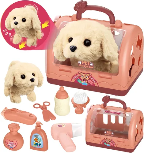 Miniatura 10 de TEUVO Juego de cuidado de mascotas con juguetes de perro robot para niños, 12 piezas de juguetes de juego veterinario para niños, kit