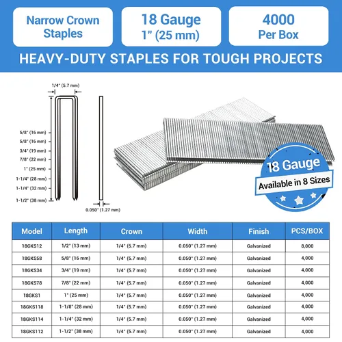 Miniatura 2 de meite Grapas de corona estrecha de calibre 18 de 1/4 de pulgada, grapas de tapicería galvanizadas resistentes de 1 pulgada de longitud