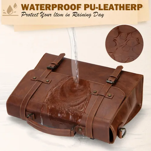 Miniatura 5 de RAINSMORE Bolsa de mensajero para hombre de 17 pulgadas, impermeable, de piel vintage, maletín para laptop, bolsa grande para laptop, bolsa de Marrón