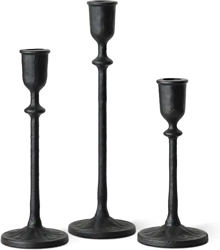 Miniatura 5 de BANOMII Juego de 3 candelabros antiguos, portavelas cónicos de hierro fundido para centro de mesa de comedor, decoración de mantel de chimenea, Negro