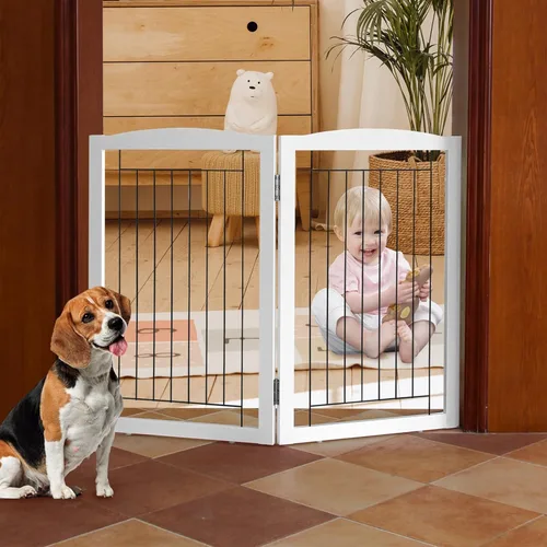 Miniatura 36 de ZJSF Puerta plegable independiente para perros, puerta de madera extra ancha blanca para cachorros, 6 paneles, puertas altas para mascotas