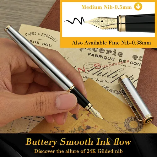 Miniatura 4 de BEILUNER Pluma Estilográfica Cromada Plateada, Impresionante Lujo con Acentos de Oro de 24K, Hermosa Plumilla Dorada de 24K (Mediana), Regalo
