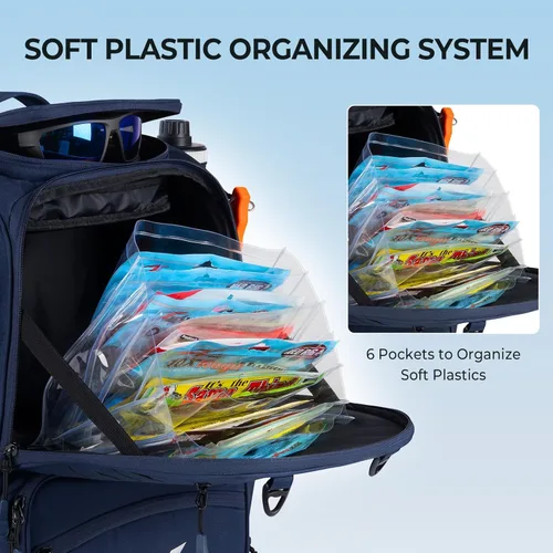 Miniatura 6 de KastKing Bait Boss Mochila de aparejos de pesca con soportes para caña, 4 cajas de aparejos, cubierta para lluvia, almacenamiento grande de 43 L G