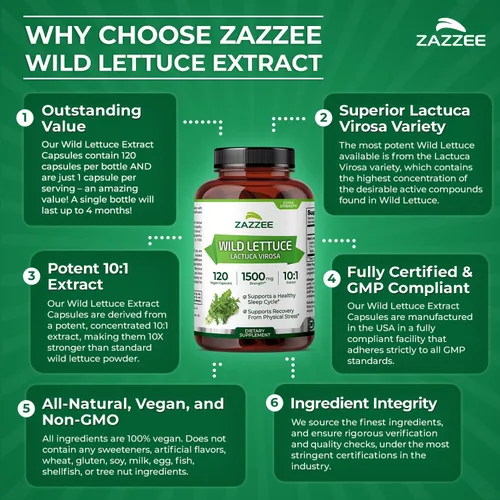 Miniatura 5 de Zazzee Extracto de lechuga silvestre extra fuerte 4:1, 500 mg de fuerza, 120 cápsulas veganas, potente variedad Lactuca Virosa, extracto 4X