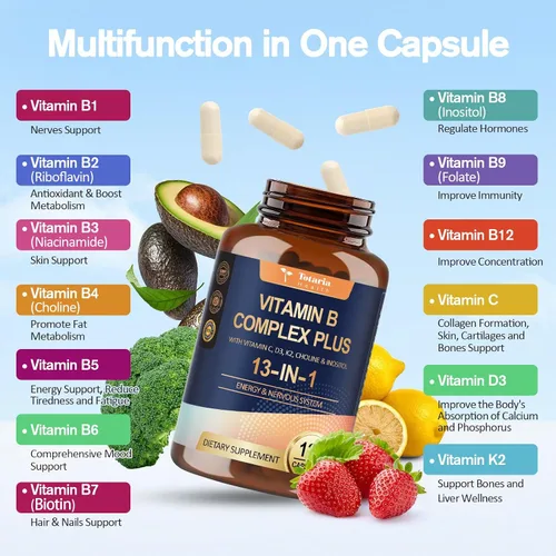 Miniatura 3 de Complejo de Vitamina B Plus 13 en 1 con Vitamina B1, B2, B3 (Niacina), B4, B5, B6, B7 (Biotina), B8 (Inositol), B9 (Ácido Fólico), B12, C, D3, K2