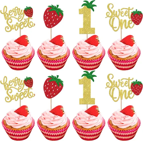 Paquete de 24 adornos para cupcakes Sweet One con purpurina para primer cumpleaños, fresa, cupcakes, para frutas, baby shower, primer cumpleaños,