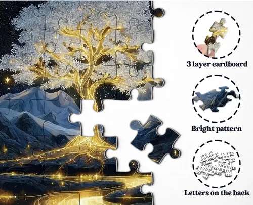 Miniatura 4 de Rompecabezas de árbol de la vida dorado para adultos de 1000 piezas, rompecabezas de paisaje de árbol brillante de fantasía con montañas de cielo