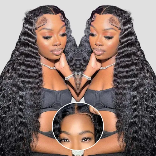 Miniatura 19 de Pelucas de cabello humano ondulado profundo con encaje frontal, densidad del 200%, 13x4 HD transparente, encaje frontal completo, pelucas de cabello