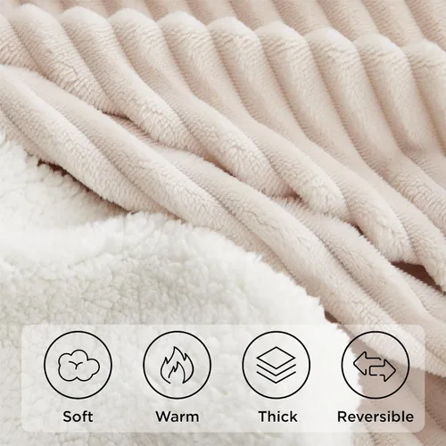 Miniatura 7 de Manta Sherpa para sofá, súper suave y gruesa, manta blanca, mantas cálidas para invierno, manta mullida para sofá cama, forro polar a rayas, crema