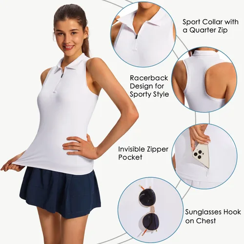 Miniatura 3 de MIVEI Camisetas de golf sin mangas para mujer, con espalda cruzada, con bolsillo con cremallera, cuello con cremallera de 14, secado rápido, UPF50