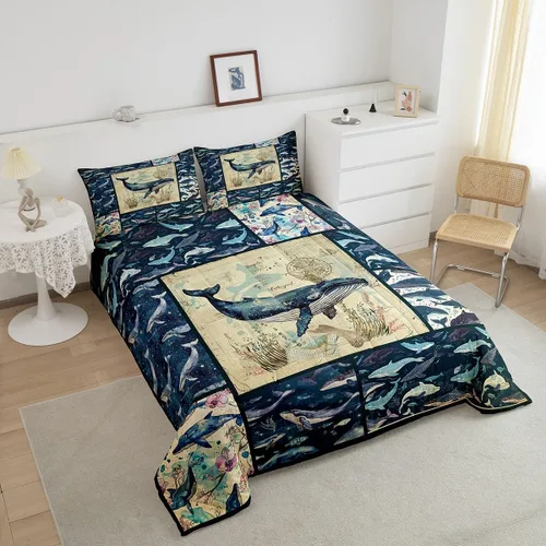 Miniatura 3 de Juego de edredón de ballena individual, juegos de ropa de cama retro con temática náutica para decoración de dormitorio, edredón de plumón de vida