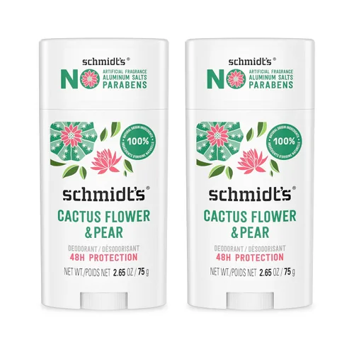 Schmidt's Desodorante vegano sin aluminio, flor de cactus y pera con protección contra olores las 24 horas, 2 unidades para mujeres y hombres,