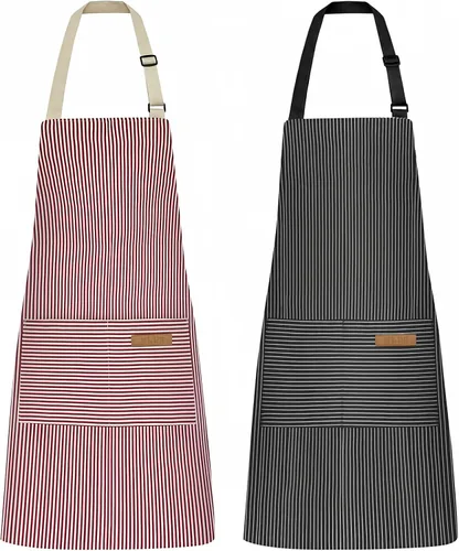 NLUS Pack de 2 delantales de cocina ajustables, delantal con babero suave de chef con 2 bolsillos para hombres y mujeres (rayas negras/rayas rosadas)