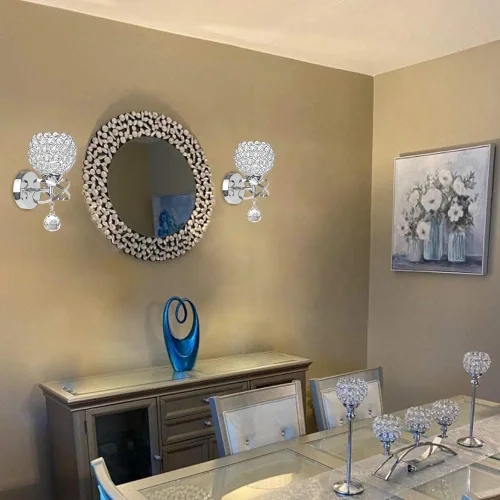 Miniatura 7 de TISLYCO Apliques de cristal plateado – Iluminación de pared moderna con bola de cristal colgante, lámpara de montaje en pared para dormitorio, sala