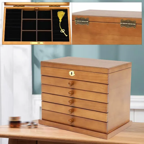 Miniatura 3 de Joyero organizador de 6 capas con cerradura y espejo, cajas de joyería de madera de trébol de cuatro hojas de la suerte y organizadores