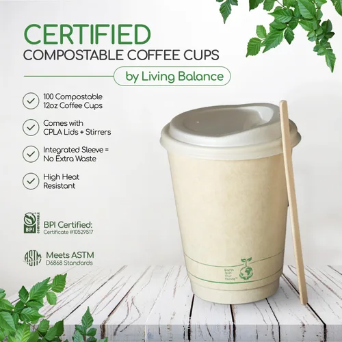 Miniatura 2 de Living Balance - Tazas de café compostables certificadas con tapas, 12 onzas, paquete de 100 con agitadores y mangas integradas, resistentes