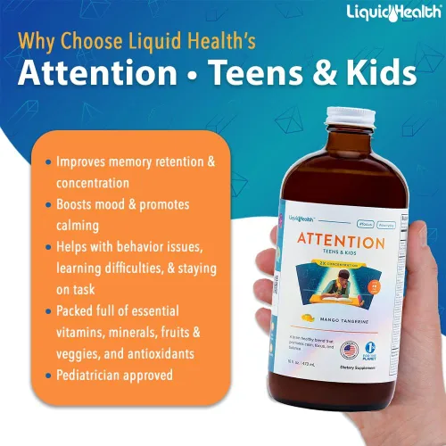 Miniatura 3 de LIQUIDHEALTH Attention, Multivitamínico líquido para niños y adolescentes – Mejora la retención de memoria, concentración, enfoque, estado de ánimo