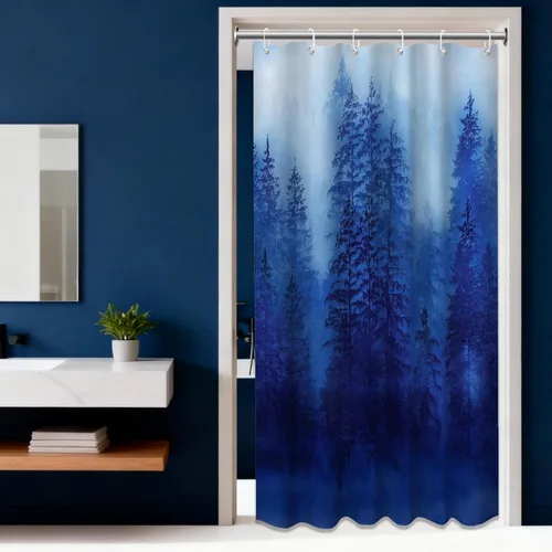 Miniatura 13 de Cortina de ducha estrecha para hombre, diseño de bosque negro y gris, para casa rodante, juego de decoración de baño, tela impermeable con ganchos