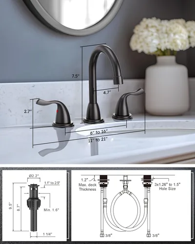 Miniatura 7 de ARCORA - Grifo de baño negro mate de 3 agujeros, grifo de baño extendido de 8 pulgadas, 2 asas, grifo giratorio de 360 grados con drenaje Pon Up