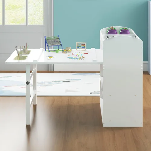 Miniatura 8 de Mjkone Juego de mesa de arte y 2 sillas para niños, juego de mesa de madera para niños con almacenamiento de suministros, contenedores de lona