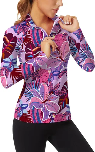 Miniatura 59 de WOWENY Camiseta deportiva de manga larga para mujer, con cremallera de un cuarto, cuello para entrenamiento, camiseta de tenis con estampado
