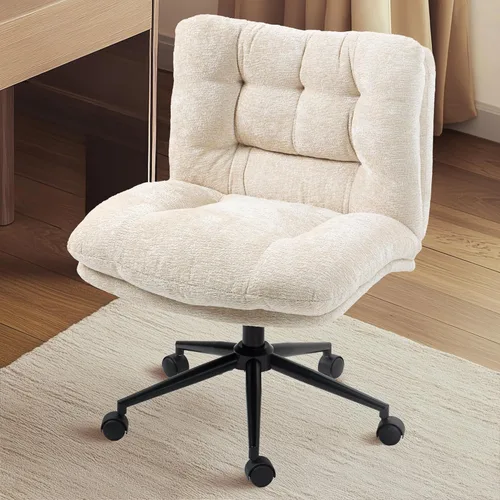 Miniatura 7 de Dowinx Silla Criss Cross con ruedas, cojín engrosado de doble capa, silla de tocador moderna para el hogar de tela premium con asiento ancho, beige