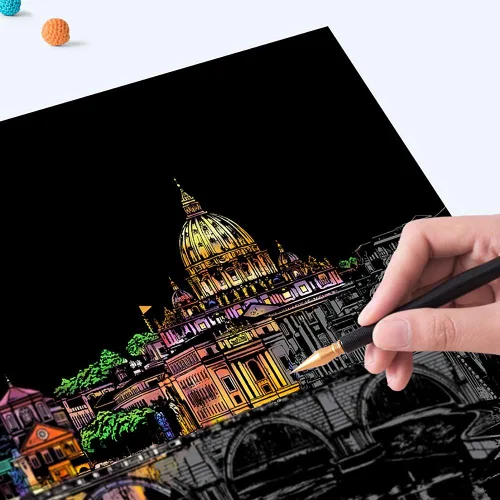 Miniatura 6 de M MUGIT - Papel de pintura para rascar arcoíris (A4) para adultos y niños, tablero de rascar con vista nocturna DIY, juego de arte de grabado: 4