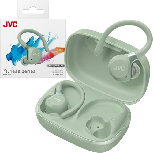 JVC Fitness Series - Auriculares deportivos inalámbricos con ganchos ajustables, cancelación activa de ruido, modo de sonido ambiental, IP57 Verde