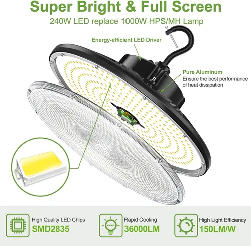 Miniatura 5 de Paquete de 3 luces LED UFO de 240 W, 36000 lm, 1000 W, HID/HPS UL/DLC, 0-10 V regulable, cable de 6 pies, 5000 K, impermeable IP65, accesorio