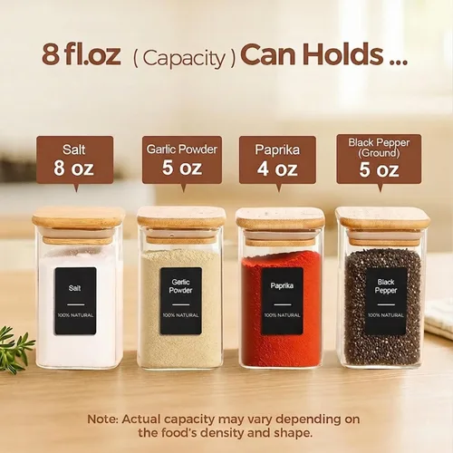 Miniatura 2 de ComSaf 12 piezas de tarros de vidrio para especias con tapa de bambú, recipientes cuadrados herméticos de 8 onzas con 275 etiquetas negras, tarros