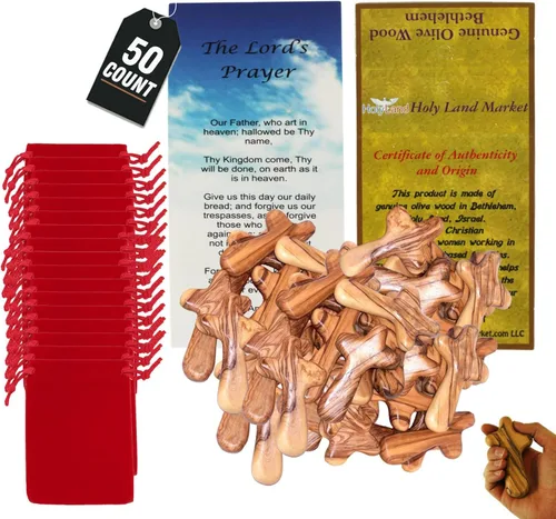 Miniatura 14 de Holy Land Market cruz de mano de madera de olivo con bolsa de regalo de terciopelo, de Belén, Madera, 4 pulgadas