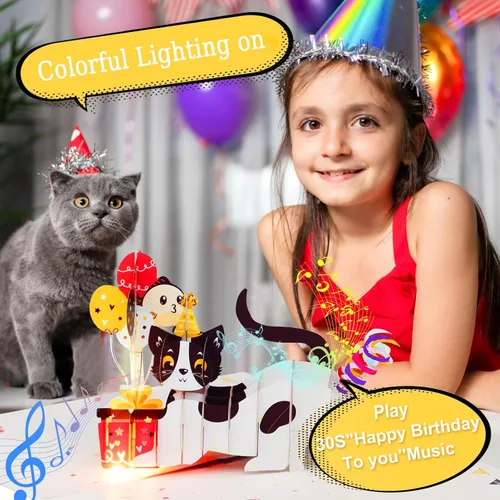 Miniatura 2 de Tarjetas de cumpleaños, tarjeta de feliz cumpleaños ligera y música, divertida tarjeta de felicitación de cumpleaños de gato desplegable en 3D