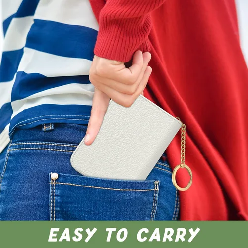 Miniatura 7 de Tarjetero de crédito para mujer, pequeña cartera RFID delgada de cuero organizador de tarjetas de visita con cremallera y llavero, color blanco