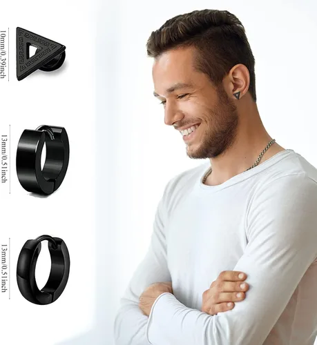 Miniatura 3 de Juego de 12 pares de aretes de acero inoxidable negros para hombre, aretes de aro punk, aretes negros para mujer, juego de aretes colgantes AMind4U