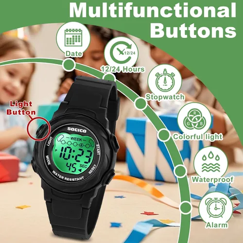 Miniatura 2 de SOCICO Relojes digitales para niños y niñas, 7 luces de color impermeables, reloj deportivo para exteriores con cronómetro, alarma, fecha, gran
