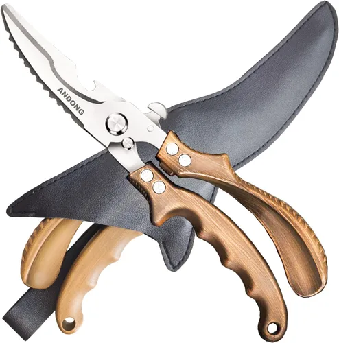 ANDONG Tijeras de cocina – Tijeras de acero inoxidable resistentes para aves, carne y huesos con funda de cuero negro para alimentos Plus