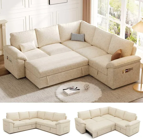 Sofá Seccional Modular de 85 Pulgadas con Cama Extraíble, Sofá Cama Seccional en Forma de L de 5 Asientos con Almacenamiento, Sofás Seccionales para