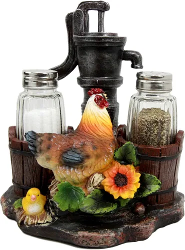 Miniatura 2 de Ebros Country Animal Farm Pollo gallina con pollitos por riego, barriles de bomba y girasoles, salero y pimentero, figura como cocina, comedor