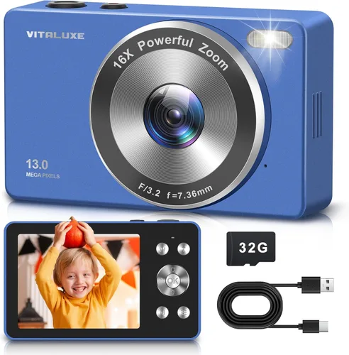 Cámara digital 4K, cámara VITALUXE FHD para niños, enfoque automático real de 13MP 16x zoom, pantalla LCD de 2.83 pulgadas, cámara compacta pequeña