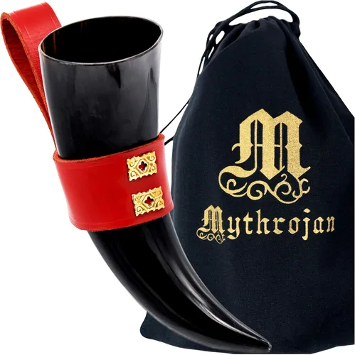 Miniatura 15 de Mythrojan Cuerno vikingo para beber 100% natural, auténtico, decoración de latón, cuerno nórdico con funda de cuero negro, bolsa de lona para vino