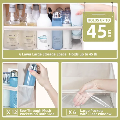 Miniatura 3 de Organizador de puerta con 6 bolsillos extra grandes, 12 bolsillos laterales, estante de almacenamiento resistente para armario, organizador de Beige