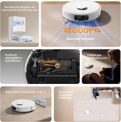 Miniatura 10 de DREAME Robot aspirador y trapeador D20 Plus, succión de 13,000 Pa, vaciado automático con bolsa de polvo de 5 L, DuoBrush para pelo de mascotas