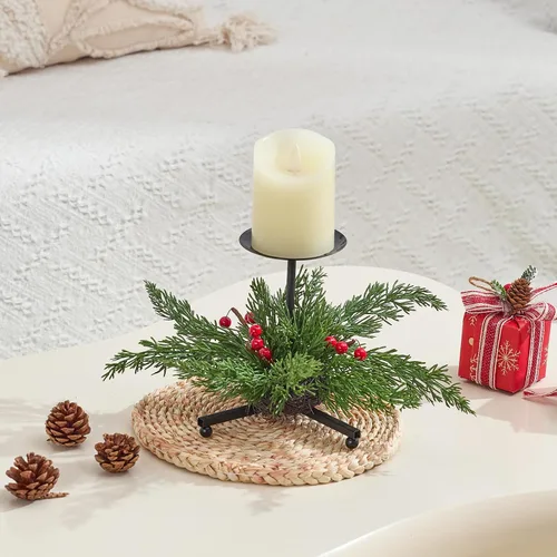 Miniatura 7 de Heleze Juego de 3 portavelas de Navidad, portavelas de hierro negro con bayas rojas de cedro sintético, soporte de metal decorativo de 7.1 pulgadas