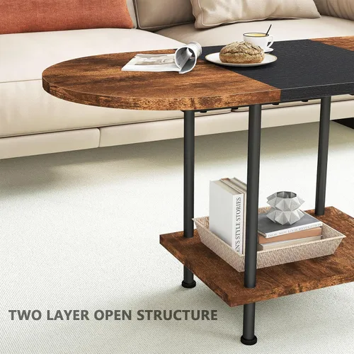 Miniatura 6 de Mesas de café, mesa central moderna con estante de almacenamiento, mesa de 2 niveles para sala de estar, diseño moderno de dos tonos (negro mezclado)