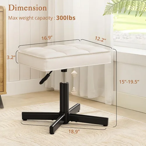 Miniatura 2 de LUE BONA Taburete de tocador ajustable, reposapiés de 15 a 19.5 pulgadas debajo del escritorio, silla giratoria de 360° para sala de maquillaje