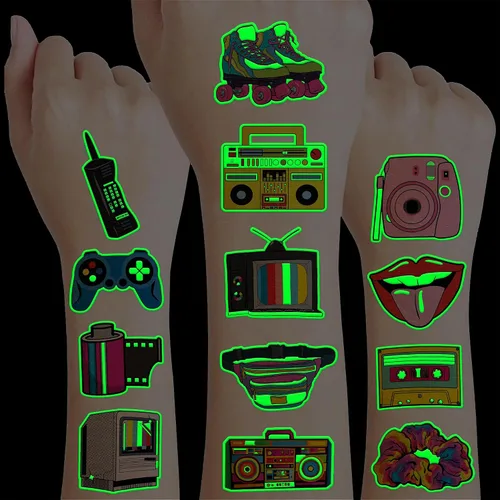 96 tatuajes temporales luminosos precortados de regreso a los años 90 y 80 que brillan | For Kids Theme Birthday Party Decorations Supplies Favors